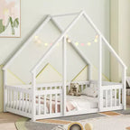 House-Shaped Kids Floor Bed with Fence & Guardrails, Pine Wood, Twin/Full