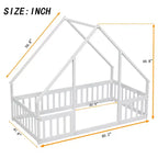 House-Shaped Kids Floor Bed with Fence & Guardrails, Pine Wood, Twin/Full