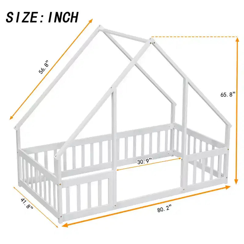 House-Shaped Kids Floor Bed with Fence & Guardrails, Pine Wood, Twin/Full