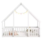 House-Shaped Kids Floor Bed with Fence & Guardrails, Pine Wood, Twin/Full