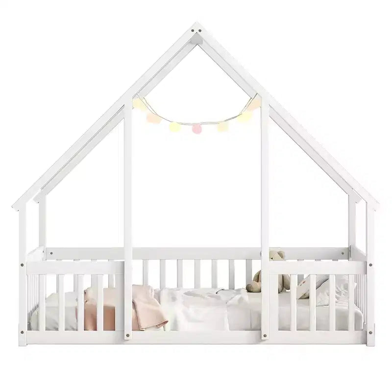 House-Shaped Kids Floor Bed with Fence & Guardrails, Pine Wood, Twin/Full