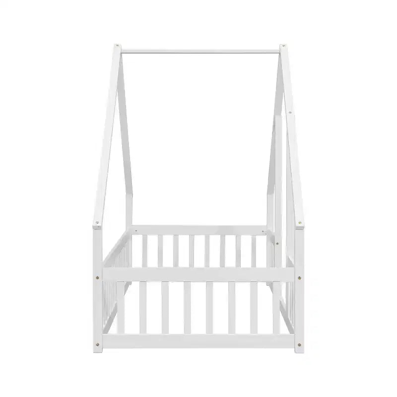 House-Shaped Kids Floor Bed with Fence & Guardrails, Pine Wood, Twin/Full
