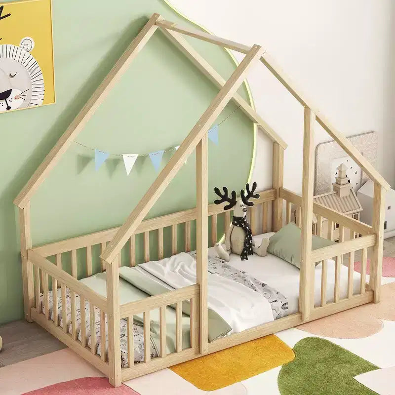 House-Shaped Kids Floor Bed with Fence & Guardrails, Pine Wood, Twin/Full