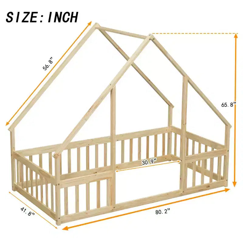 House-Shaped Kids Floor Bed with Fence & Guardrails, Pine Wood, Twin/Full