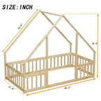 House-Shaped Kids Floor Bed with Fence & Guardrails, Pine Wood, Twin/Full