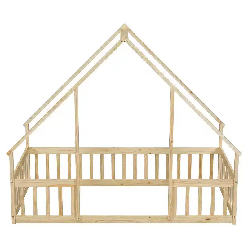 House-Shaped Kids Floor Bed with Fence & Guardrails, Pine Wood, Twin/Full