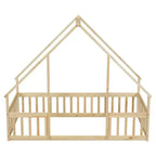 House-Shaped Kids Floor Bed with Fence & Guardrails, Pine Wood, Twin/Full