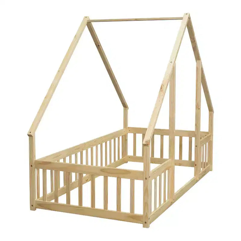 House-Shaped Kids Floor Bed with Fence & Guardrails, Pine Wood, Twin/Full