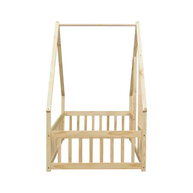 House-Shaped Kids Floor Bed with Fence & Guardrails, Pine Wood, Twin/Full