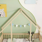 House-Shaped Kids Floor Bed with Fence & Guardrails, Pine Wood, Twin/Full