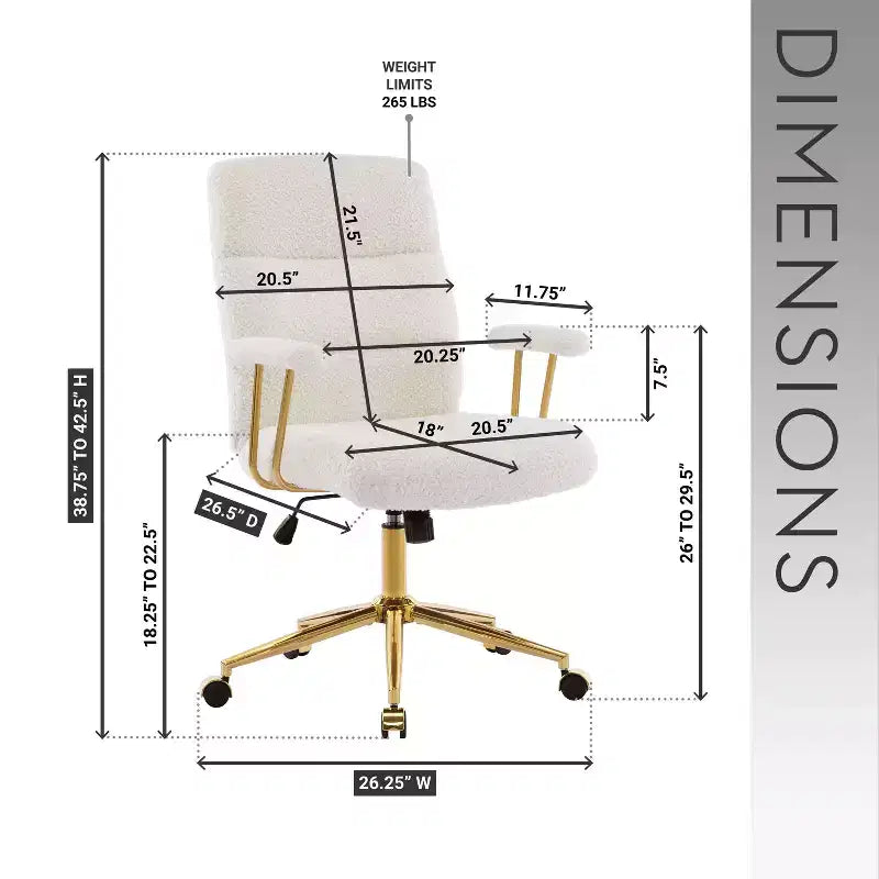 Sedia da ufficio moderna in tessuto bouclé strutturato con gambe dorate, sedia da lavoro girevole regolabile in altezza per ufficio o studio
