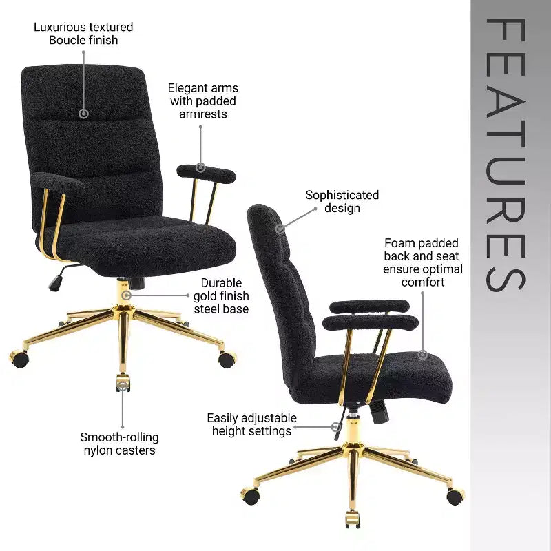 Sedia da ufficio moderna in tessuto bouclé strutturato con gambe dorate, sedia da lavoro girevole regolabile in altezza per ufficio o studio