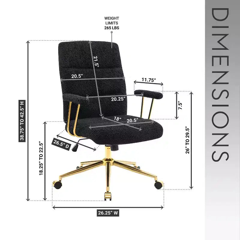 Sedia da ufficio moderna in tessuto bouclé strutturato con gambe dorate, sedia da lavoro girevole regolabile in altezza per ufficio o studio