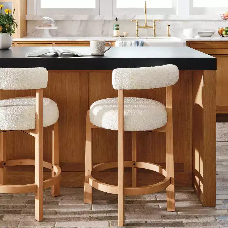 25.5" Sculptural Upholstered Boucle Counter Height Barstool with Footrest, Cream