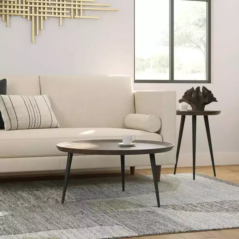 Round Solid Acacia Wood Coffee Table, Cognac, Flared Metal Legs, 30"