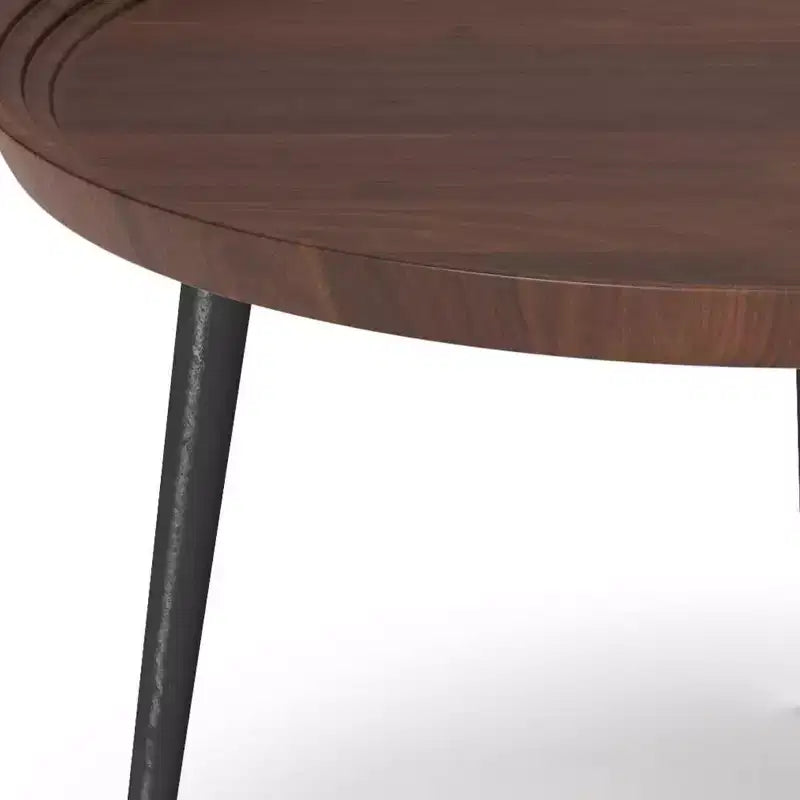 Round Solid Acacia Wood Coffee Table, Cognac, Flared Metal Legs, 30"