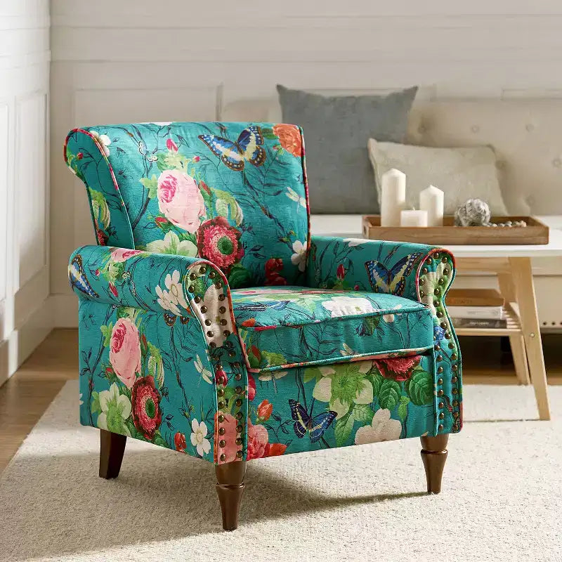 Traditional Floral Wingback Armchair with Nailhead Trim