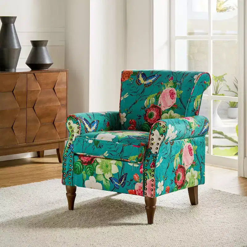 Traditional Floral Wingback Armchair with Nailhead Trim