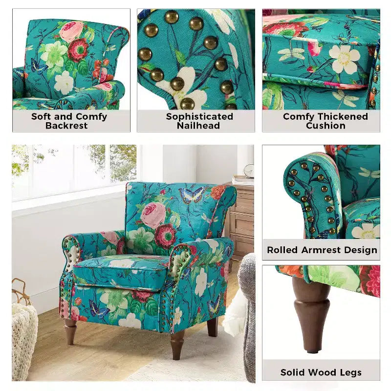 Traditional Floral Wingback Armchair with Nailhead Trim