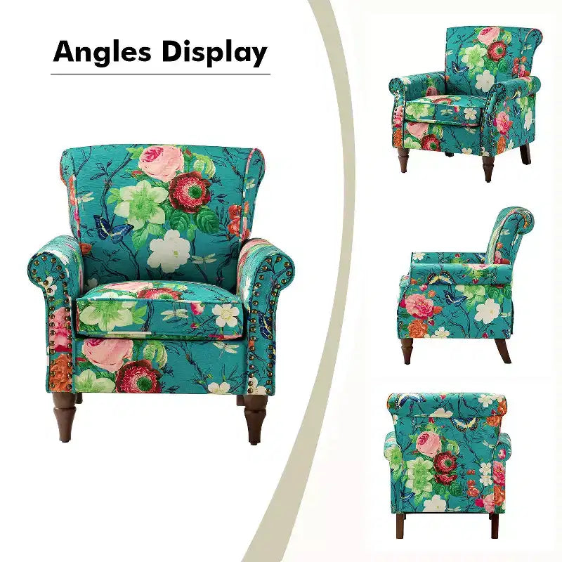 Traditional Floral Wingback Armchair with Nailhead Trim