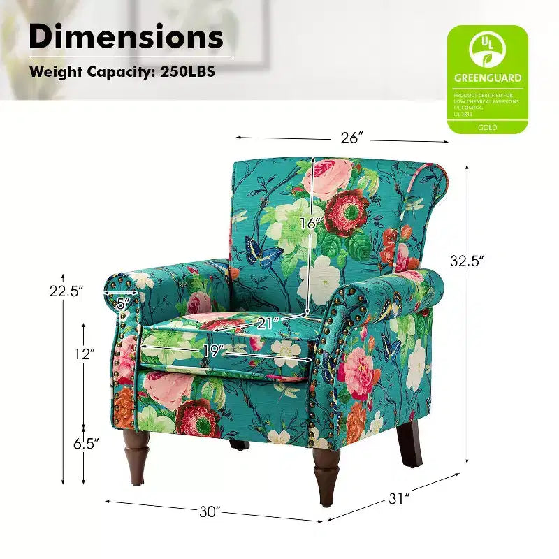 Traditional Floral Wingback Armchair with Nailhead Trim