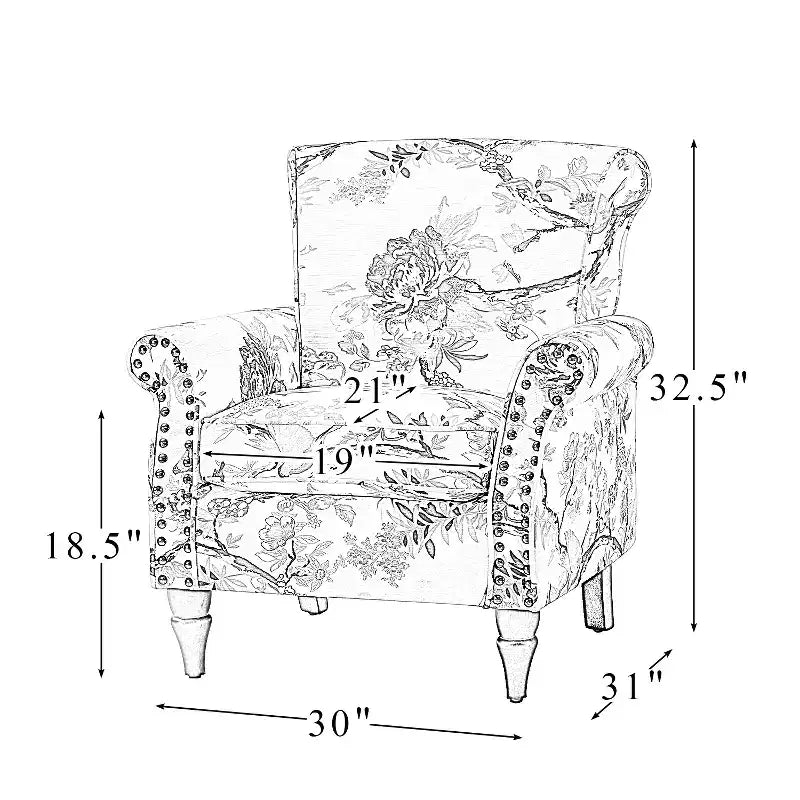Traditional Floral Wingback Armchair with Nailhead Trim