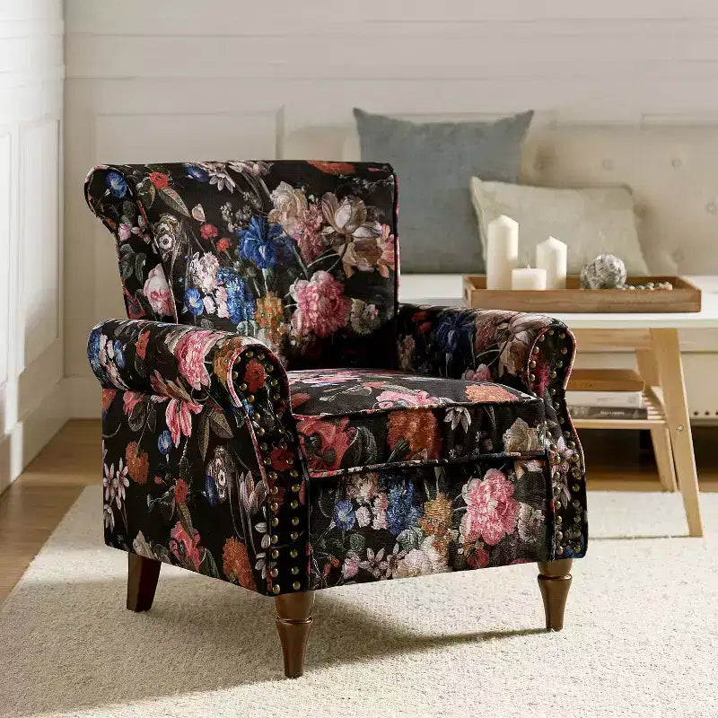 Traditional Floral Wingback Armchair with Nailhead Trim
