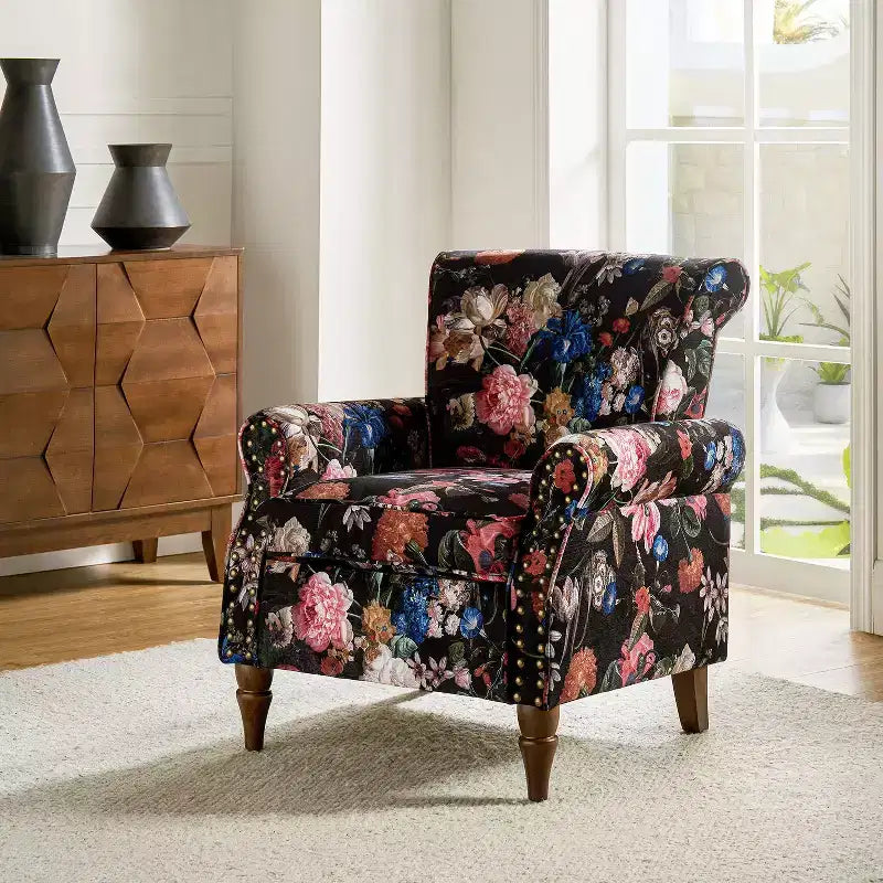 Traditional Floral Wingback Armchair with Nailhead Trim