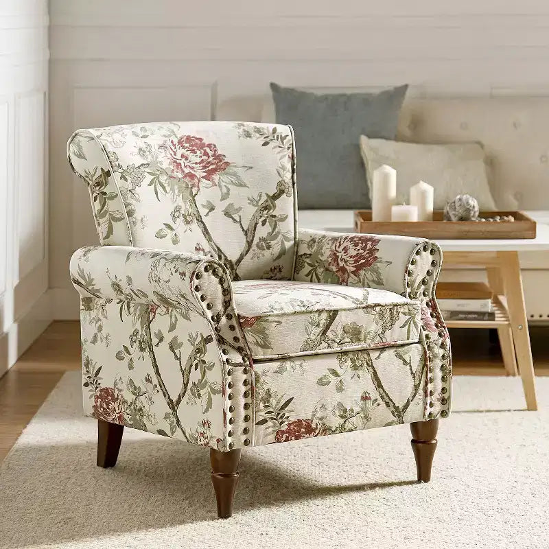 Traditional Floral Wingback Armchair with Nailhead Trim