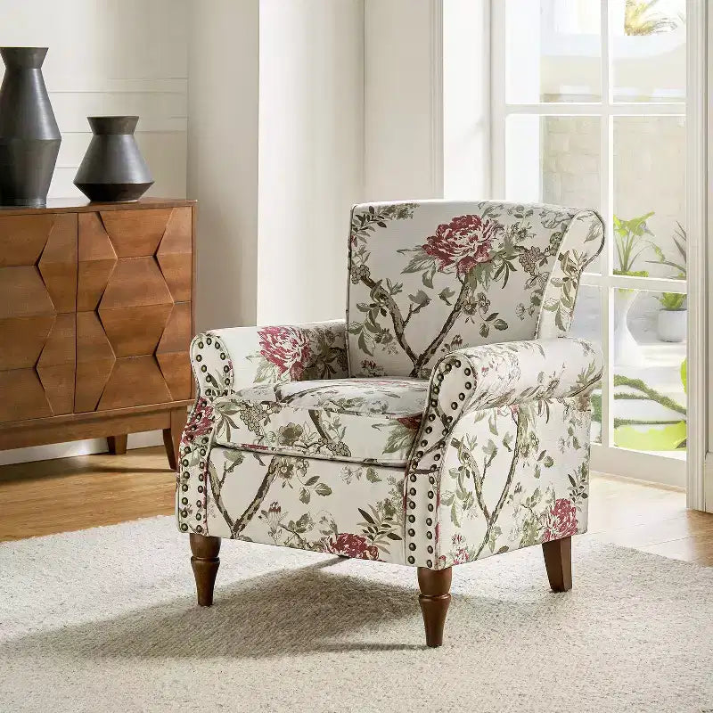 Traditional Floral Wingback Armchair with Nailhead Trim