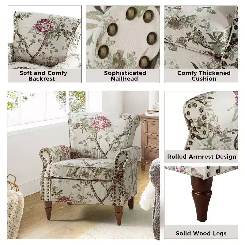 Traditional Floral Wingback Armchair with Nailhead Trim