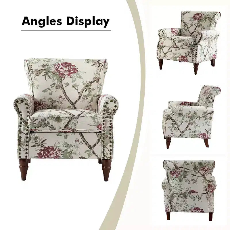 Traditional Floral Wingback Armchair with Nailhead Trim