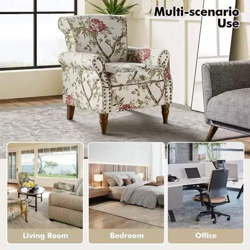 Traditional Floral Wingback Armchair with Nailhead Trim