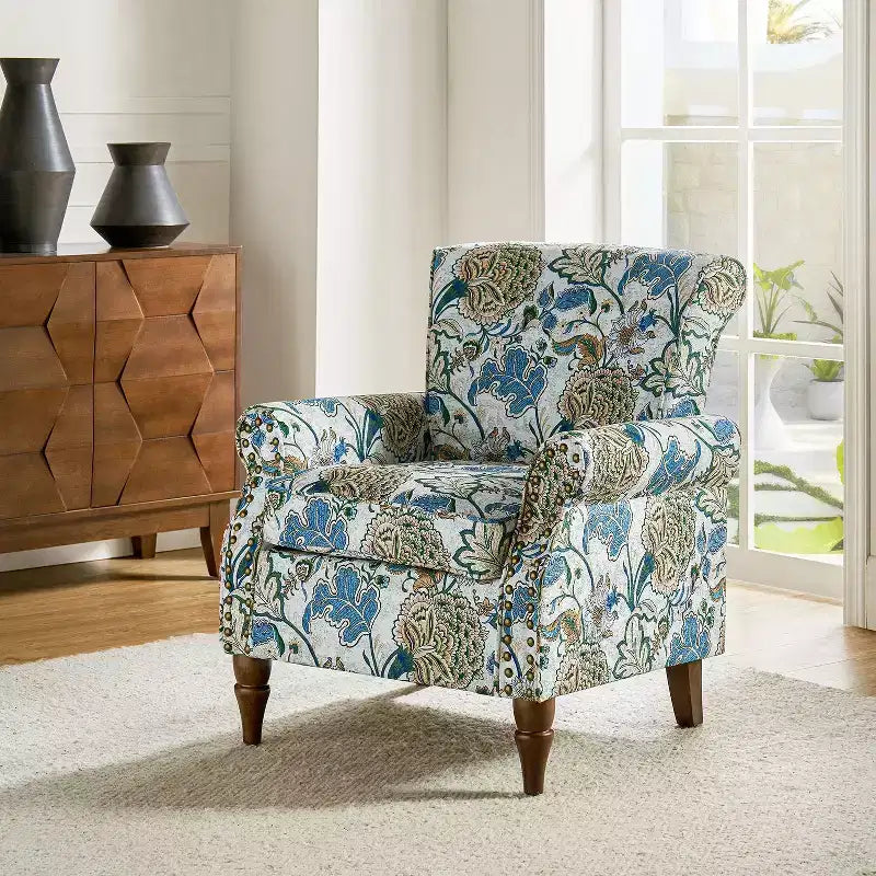 Traditional Floral Wingback Armchair with Nailhead Trim