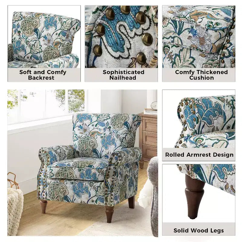 Traditional Floral Wingback Armchair with Nailhead Trim