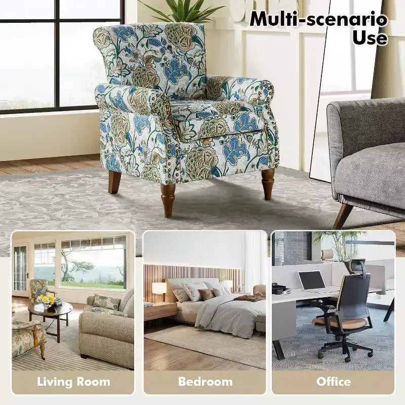 Traditional Floral Wingback Armchair with Nailhead Trim