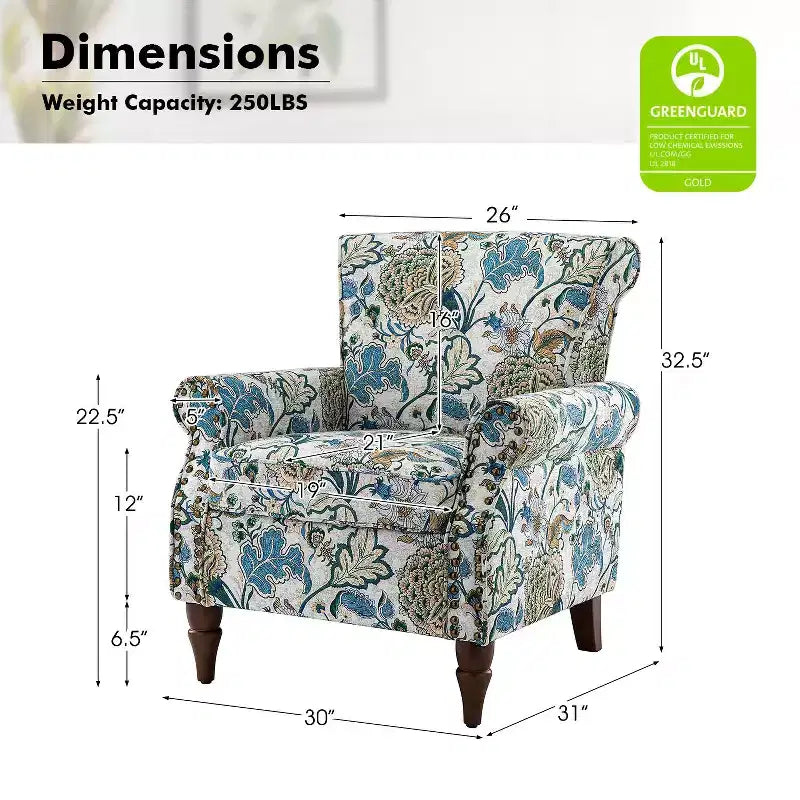 Traditional Floral Wingback Armchair with Nailhead Trim