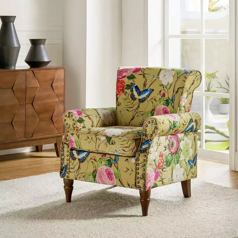 Traditional Floral Wingback Armchair with Nailhead Trim
