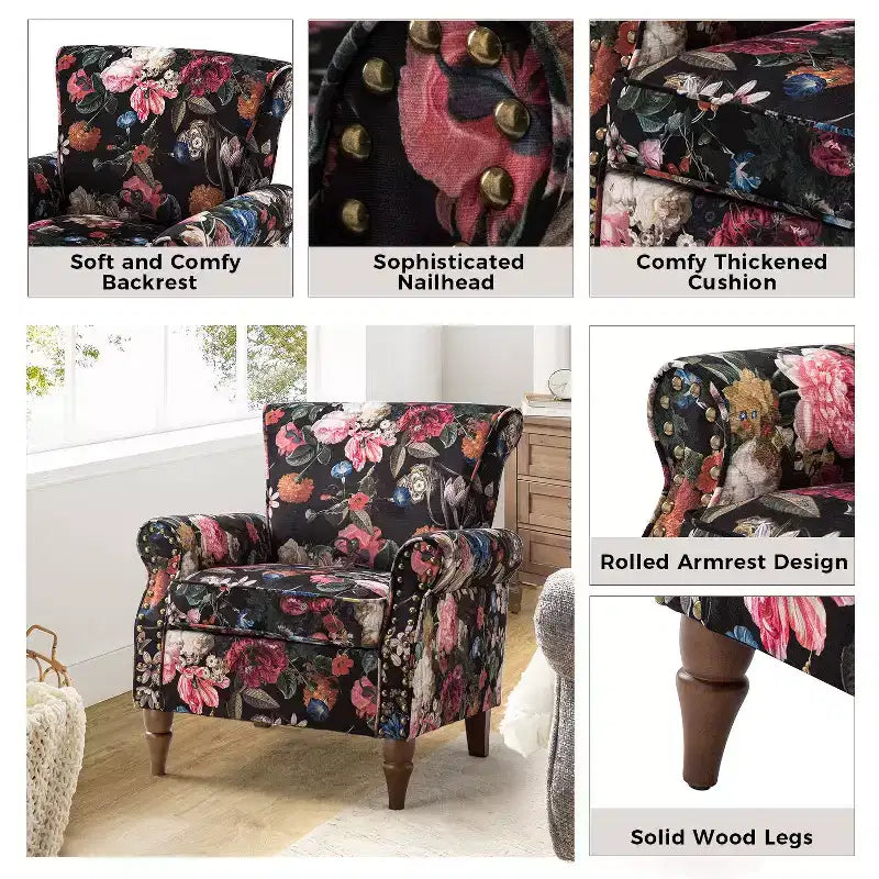 Traditional Floral Wingback Armchair with Nailhead Trim