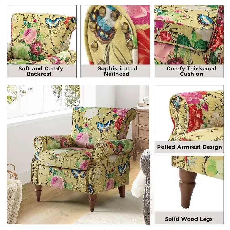 Traditional Floral Wingback Armchair with Nailhead Trim