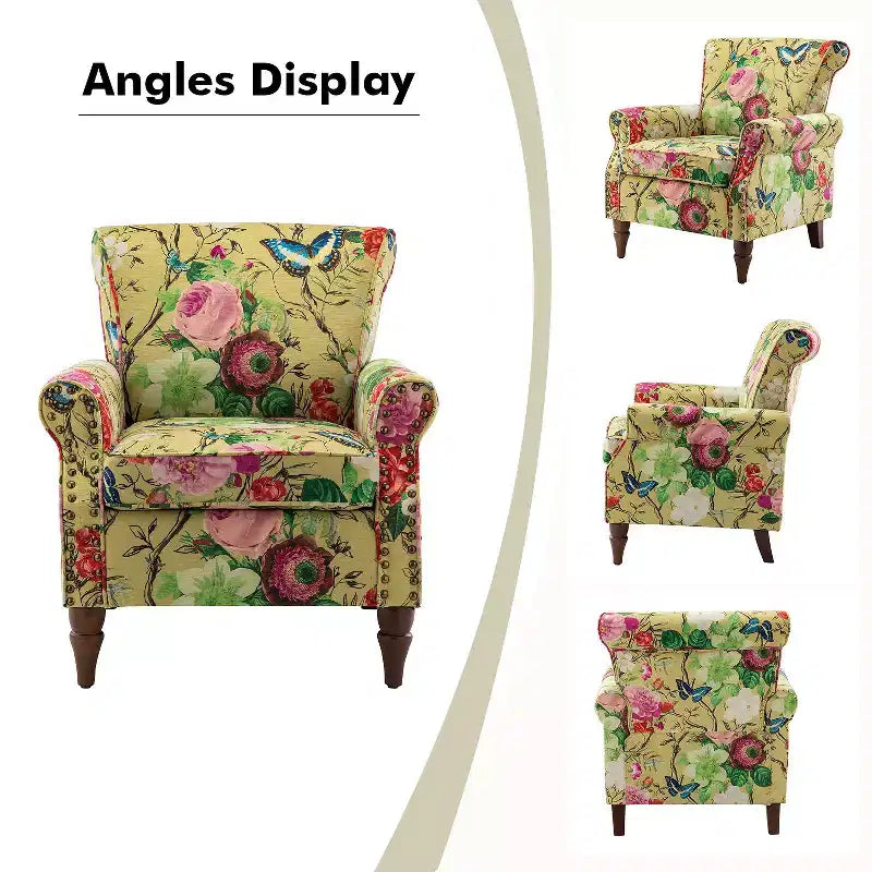 Traditional Floral Wingback Armchair with Nailhead Trim
