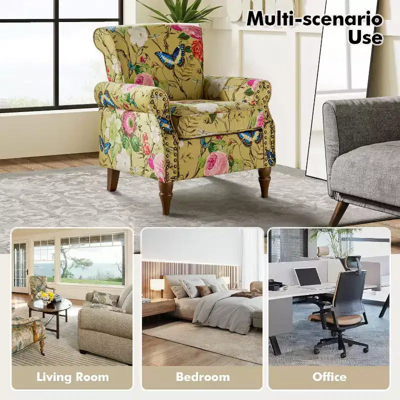 Traditional Floral Wingback Armchair with Nailhead Trim