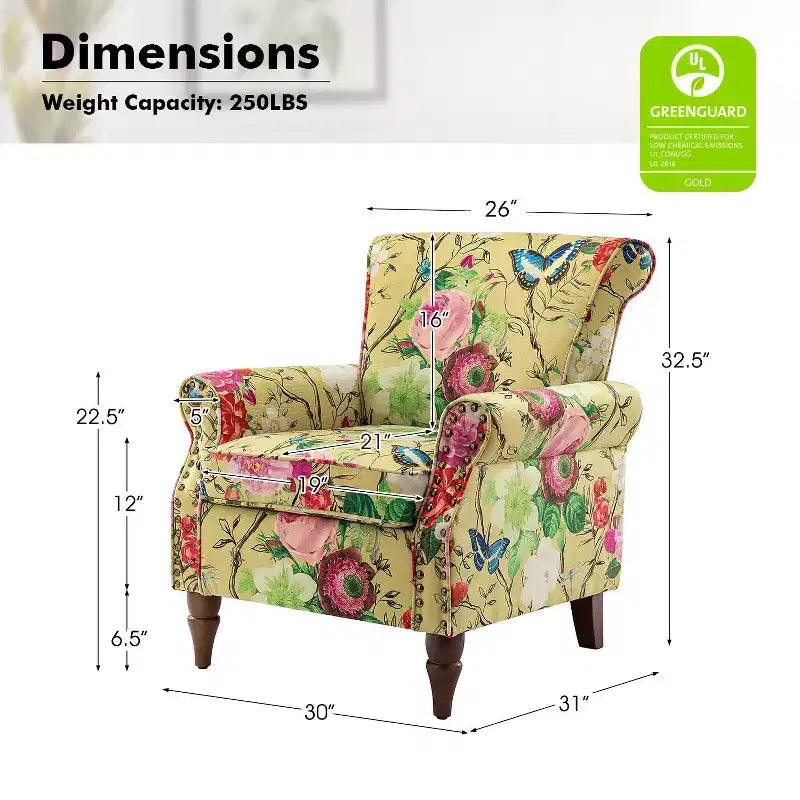 Traditional Floral Wingback Armchair with Nailhead Trim