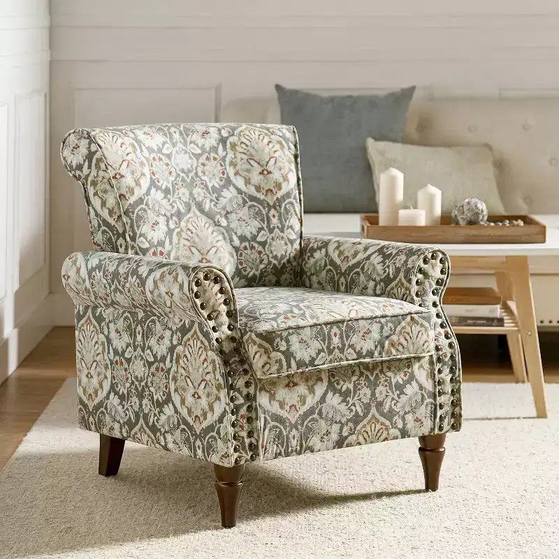 Traditional Floral Wingback Armchair with Nailhead Trim