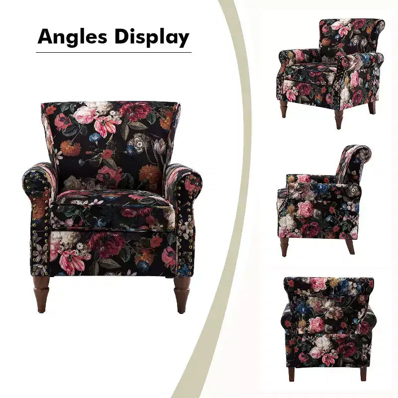 Traditional Floral Wingback Armchair with Nailhead Trim