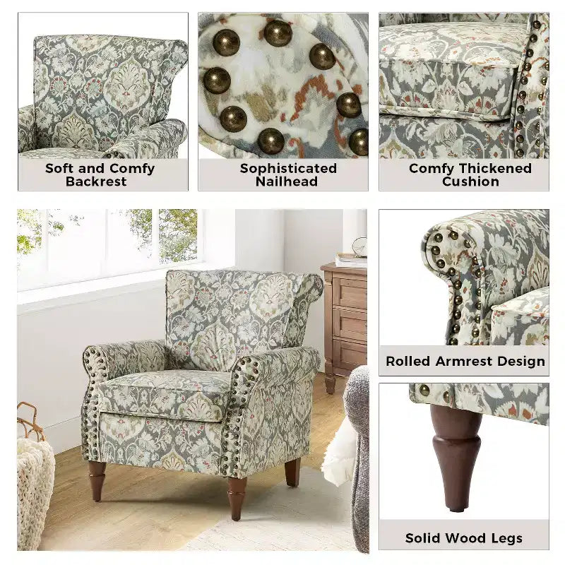 Traditional Floral Wingback Armchair with Nailhead Trim
