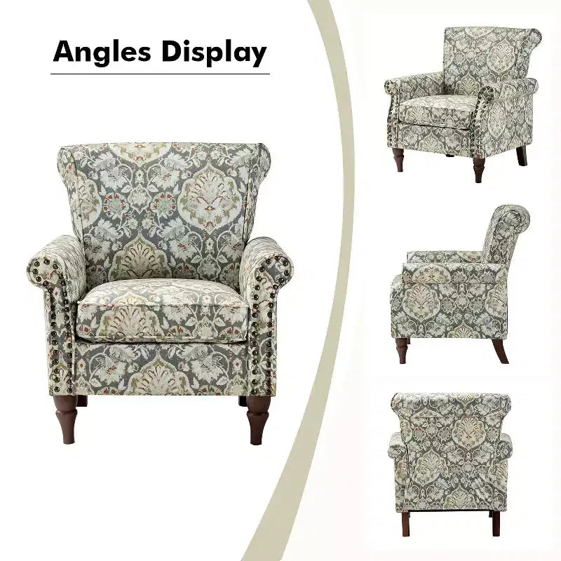 Traditional Floral Wingback Armchair with Nailhead Trim
