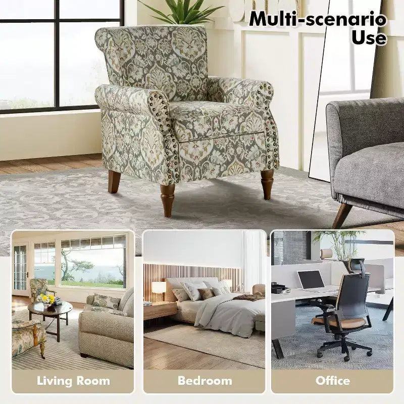 Traditional Floral Wingback Armchair with Nailhead Trim