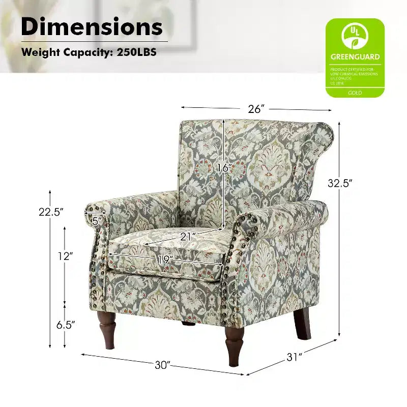 Traditional Floral Wingback Armchair with Nailhead Trim
