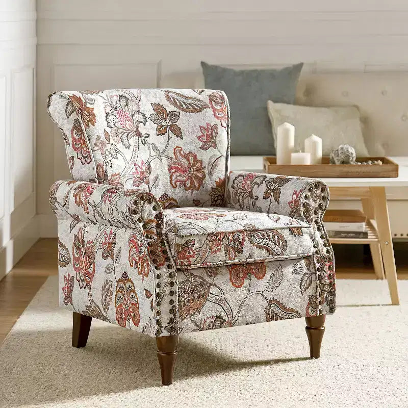 Traditional Floral Wingback Armchair with Nailhead Trim